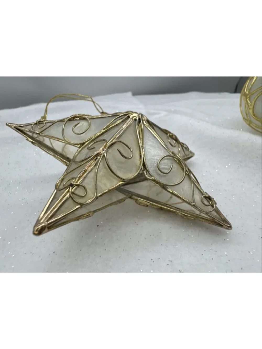 Vintage Star/Oval Capiz Shell Ornaments Christmas 3D Gold Tone Filigree Philipin